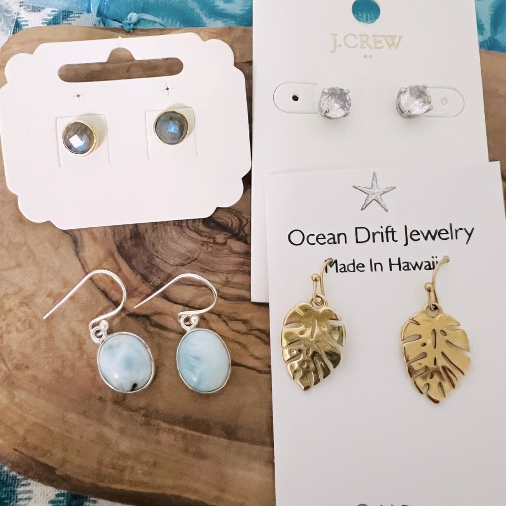 4 Pair of Summer Earrings dangle and post. Larimar, Tropical Leaf, J.Crew